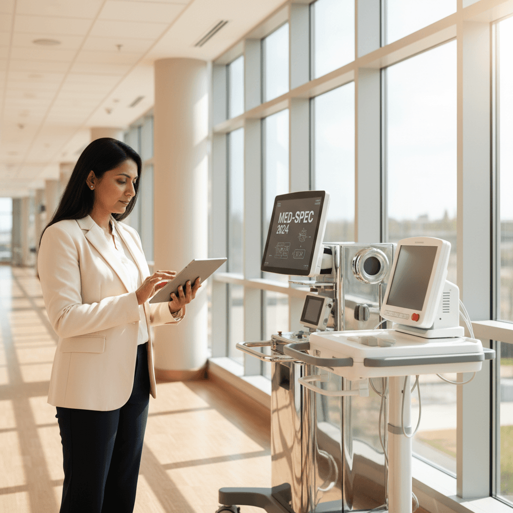 Hospital administrator reviewing equipment specifications