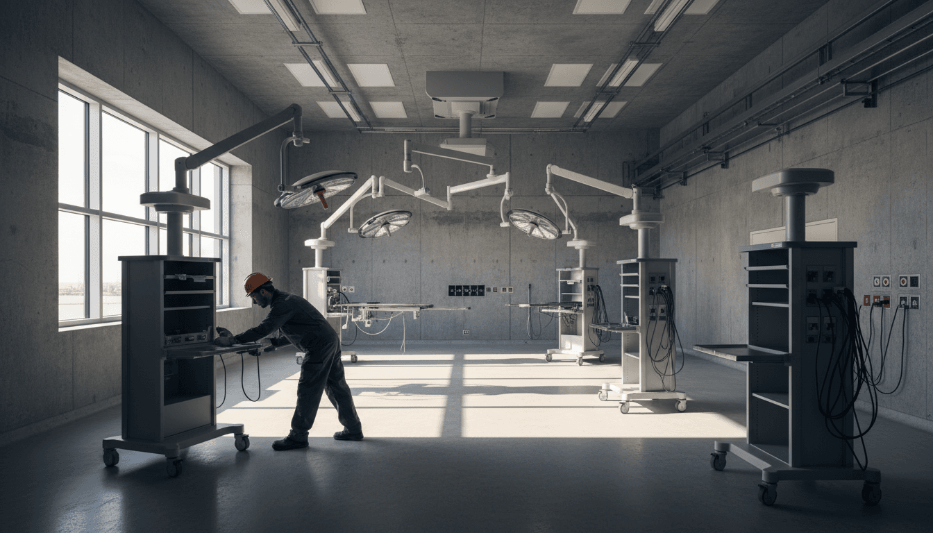 Hospital operating room during medical equipment installation with technician
